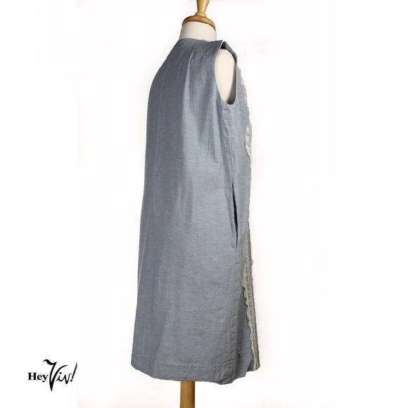 Vintage Sheath Dress Sleeveless Blue Cotton w Rows of Lace Size ML B38 - Hey Viv - Picture 4 of 6